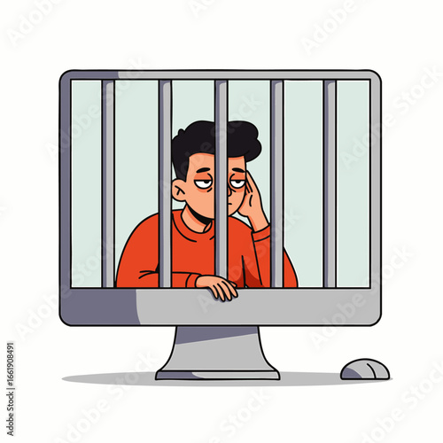 This illustration portrays a person feeling trapped behind the digital bars of a computer screen, representing modern technology's overwhelming influence.