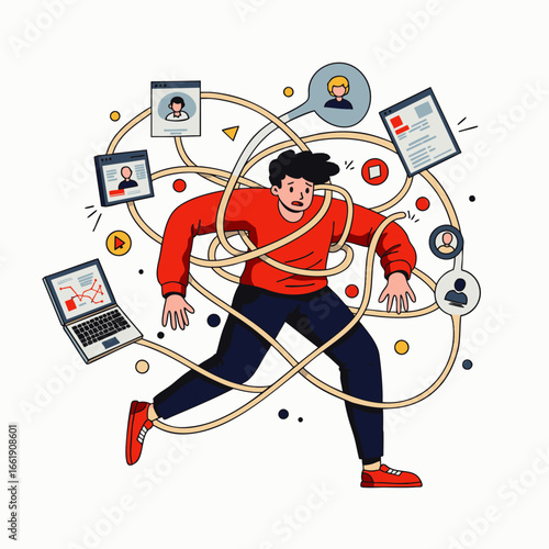 A person overwhelmed by digital information, social media, and technology, entangled in a complex web, illustrates modern life's demanding stress.