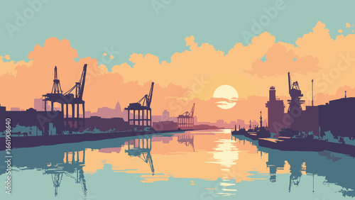 Newark, New Jersey – Ironbound riverfront with cargo cranes and sunset haze, palette: rust orange, harbor teal, steel gray, amber