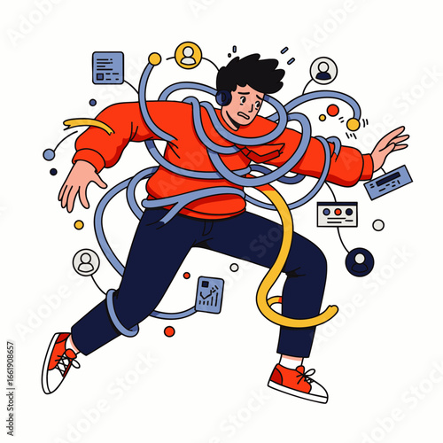 A young man appears overwhelmed and entangled by a complex web of digital information, data, and technology, symbolizing modern stress and information overload.