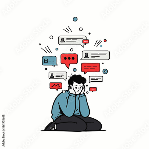 A person sits distressed, overwhelmed by digital messages and notifications, illustrating modern information overload, anxiety, and mental stress.