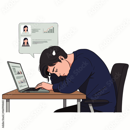 A young man, overwhelmed by professional demands, collapses asleep at his desk with a laptop, vividly illustrating burnout and mental fatigue.