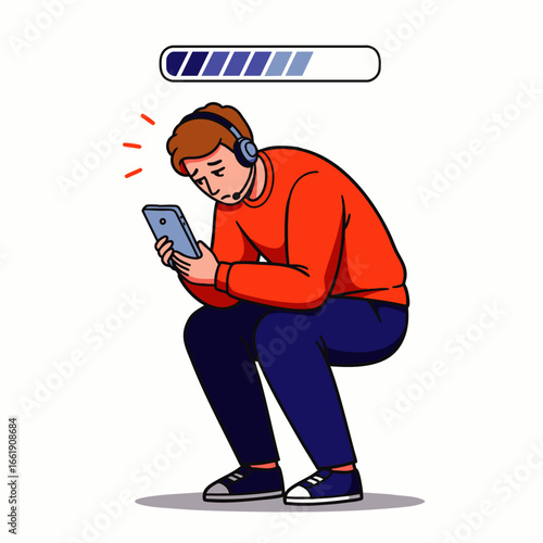 A young man with headphones, looking visibly distressed, patiently waits for his smartphone to load, symbolizing the common frustration of slow internet connectivity.