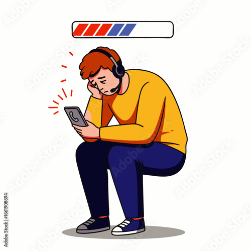 An exhausted young man in a headset stares frustratedly at his smartphone, a low battery bar above symbolizing severe burnout and low energy.