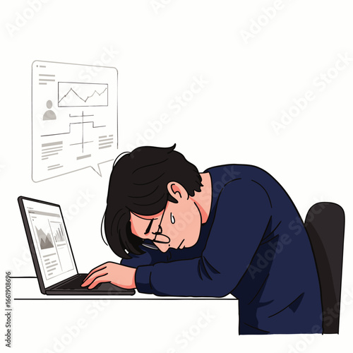 This illustration depicts an overwhelmed professional, head slumped on a laptop, battling intense work stress, data analysis, and digital burnout at their desk.