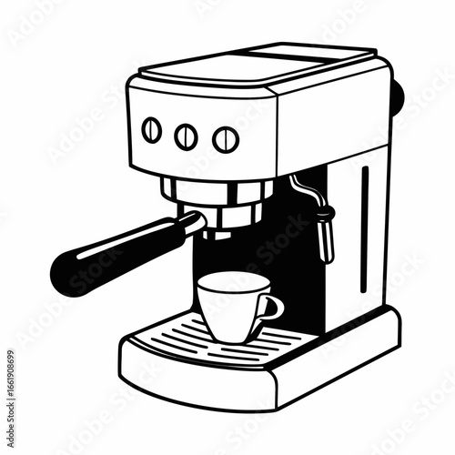 Black and white illustration of a modern espresso machine preparing a shot of coffee into a small cup