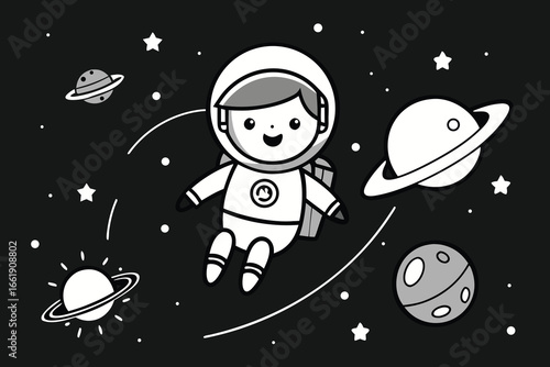 Cartoon Astronaut Floating Among Planets and Stars in Black and White Illustration