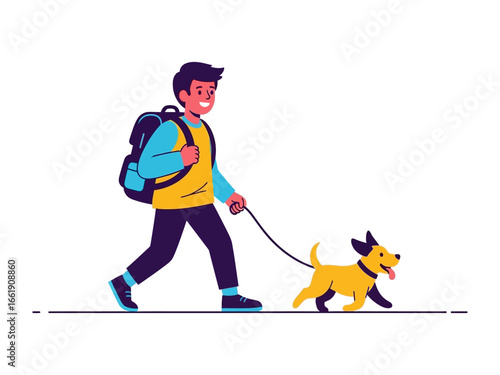 Joyful Journey: A young individual with a backpack enjoys a sunny stroll alongside a lively canine companion, captured in vibrant, minimalist art.