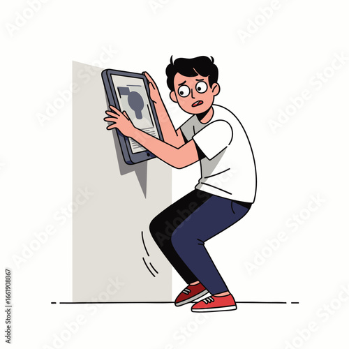 A young man experiences frustration while meticulously attempting to hang a picture frame on a wall, struggling with the task and looking stressed.