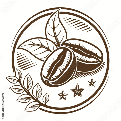 Stylized circular emblem featuring two coffee beans leaves and star anise for a coffee brand