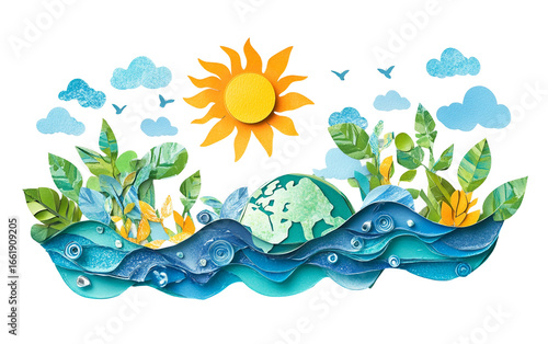 Creative Earth Day artwork featuring layered cutouts of water, nature, and sustainability elements isolated on transparent background PNG