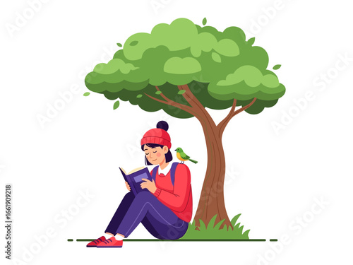 Solitude Beneath the Shade: A young individual, immersed in the pages of a book, finds tranquility beneath the expansive branches of a leafy tree, accompanied by a cheerful songbird. 