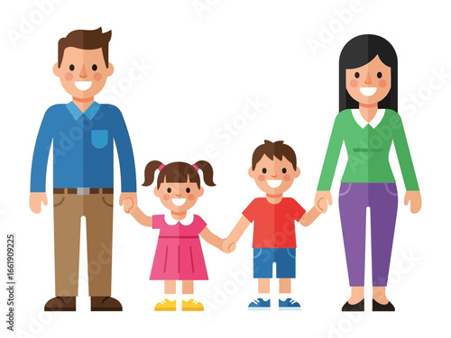 Family Portrait: A cheerful family of four, composed of a father, mother, son, and daughter, is happily holding hands in a vibrant, simple illustration style, perfect for themes of love, unity.