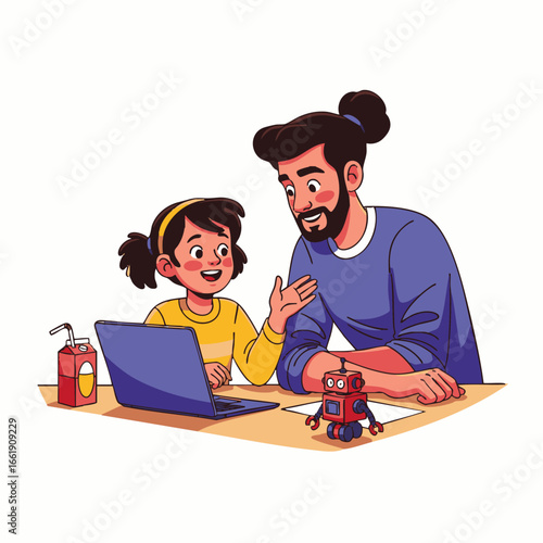 A supportive father patiently guides his bright young daughter through a digital learning experience on a laptop, fostering her interest in technology.