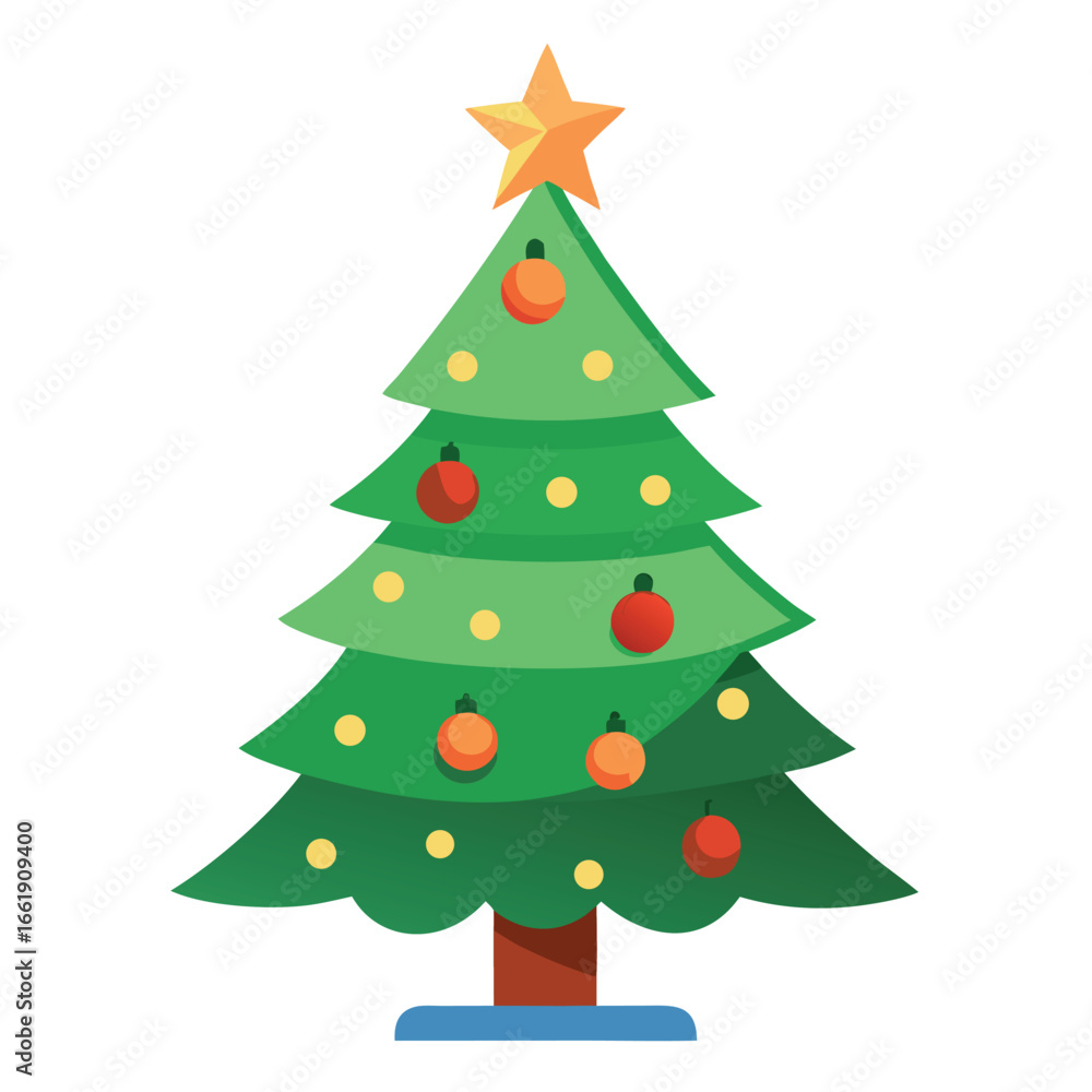 Cartoon Christmas Tree with Gold Star, Red and Orange Ornaments on White Background