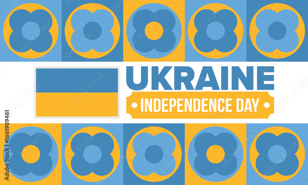 Obraz premium Ukraine Independence Day. National happy holiday, celebrated annual in August 24. Ukrainian flag. Blue and yellow. Patriotic elements. Poster, card, banner and background. Vector illustration