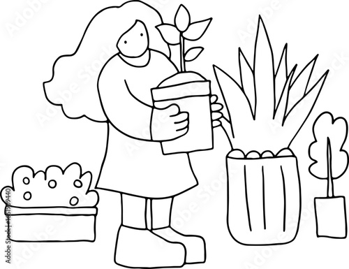 A girl holds a pot with a plant in her hands and is engaged in plant growing, vector design in corporate memphis style, grunge style curved black lines outlines