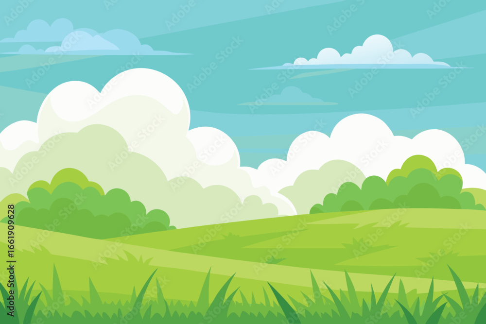 Fototapeta premium Cartoon Green Meadow Landscape with Grass, Bushes, White Clouds and Turquoise Sky Background