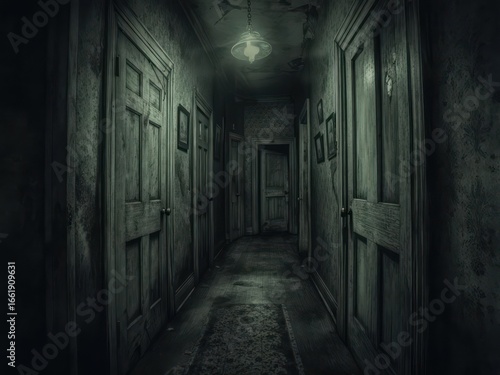 Wallpaper Mural A long, dimly lit hallway with closed doors, creating a sense of foreboding and mystery. Torontodigital.ca