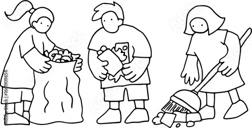 People are cleaning and removing trash, collecting it in garbage bags and sweeping it up, vector design in corporate memphis style, grunge style curved black lines outlines