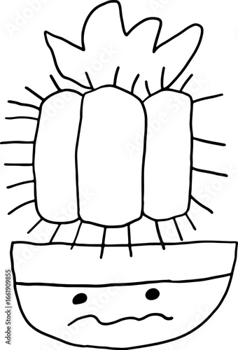 Cute flower pot with dissatisfied face with cactus with thorns with flower. Hand drawn doodle children drawings, contours with curved black lines in grunge style