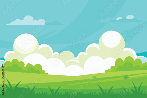 Cartoon Landscape with Rolling Green Hills, Trees, White Clouds, and a Light Blue Sky