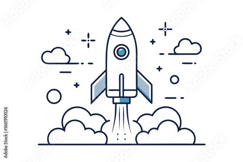 Cartoon Rocket Launching with Clouds, Stars, and Dashes on a White Background