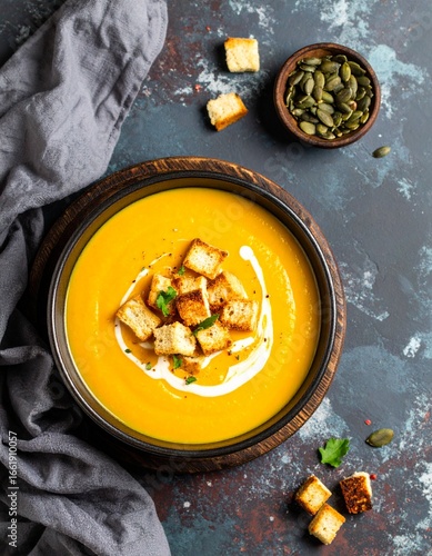 Creamy pumpkin soup with croutons
