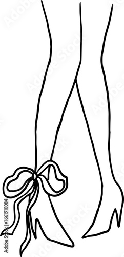 Female legs bent at the knees with a bow in high heel shoes with feet turned inward, front view, contours with curved black lines in grunge style