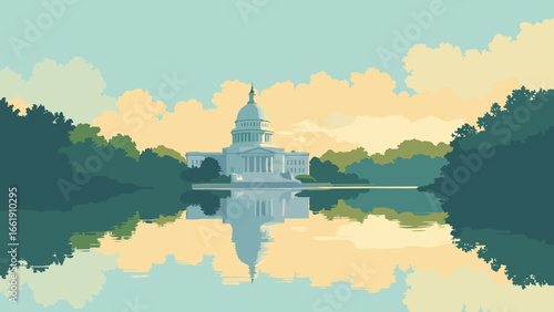 Madison, Wisconsin – Capitol dome mirrored on Monona Lake at golden hour, palette: capitol white, lake teal, marsh green, sunrise gold