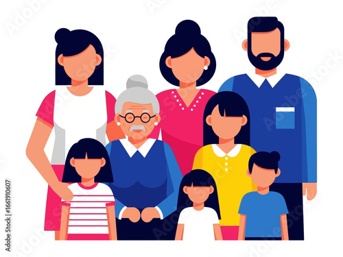 Illustration of Family Portrait: A heartwarming illustration of a family portrait, portraying a multigenerational family in a flat design style.