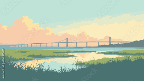 Chula Vista, California – Bayside marsh and distant Coronado bridge under soft light, palette: marsh green, bay teal, bridge gray, dawn peach