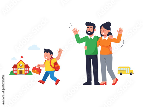 Back to School Farewell: A vibrant cartoon illustrates a child embarking on a new school day. As they wave goodbye to parents, creating a heartwarming depiction of education and family.