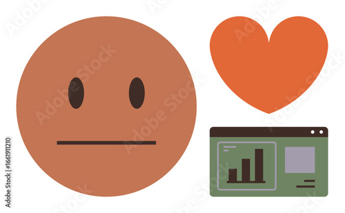 Brown neutral face beside orange heart and green analytics dashboard. Ideal for empathy, human connection, data interpretation, emotional intelligence, online communication, social behavior, simple