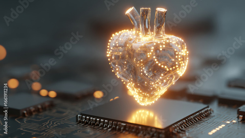 Digital illuminated heart placed on a circuit board, symbolizing innovation and technology