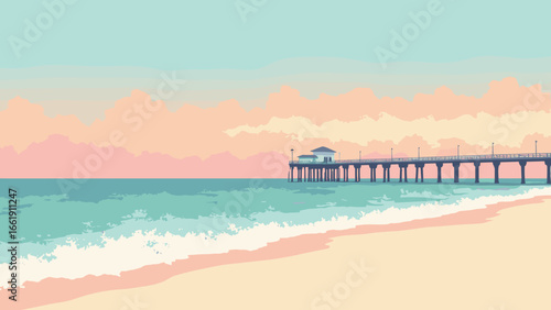 St. Petersburg, Florida – Pier and Gulf horizon with pastel sunrise and calm surf, palette: gulf teal, sand beige, pastel pink, pier white