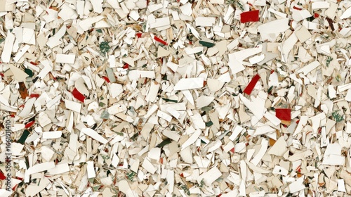 High angle view of shredded paper pieces, creating a textured abstract background suitable for