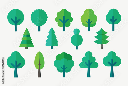 Collection of Flat Cartoon Trees, Including Round, Triangular and Bushy Shaped Green Tree Illustrations