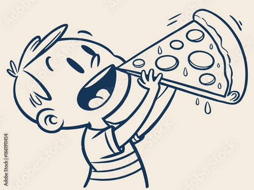Vector image of a delighted child eating pizza, representing joy and food culture