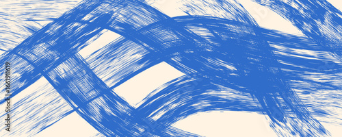 Grainy blue spiral and curly brush stroke with spray texture. Vector grunge texture with brush drawn squiggles, swirl thick line. Grunge blue background with grainy dust smears. Blue background.
