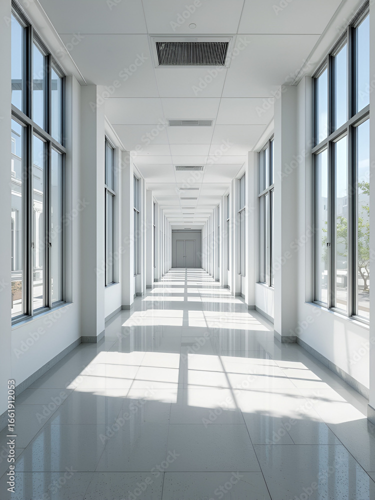 Obraz premium Amplio pasillo de hospital blanco con grandes ventanales