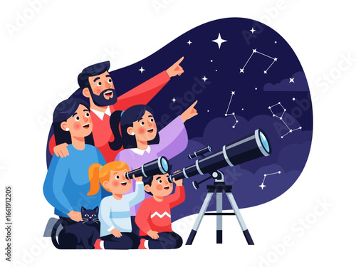 Stargazing Family's Astronomical Quest: A family gazes at the cosmos through a telescope, captivated by the beauty of constellations. A touching image of shared moments, the pursuit of knowledge.