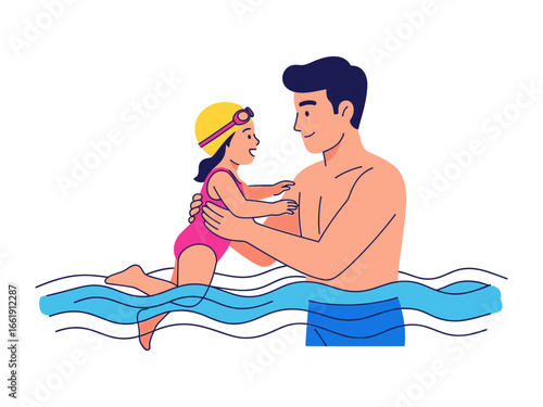 Parent-child bond in water: A loving father supports his daughter in the pool, focusing on safety, guidance, and enjoyment in a vibrant, illustrative style.