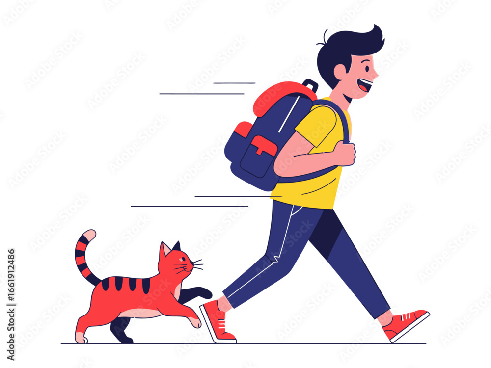 Fototapeta premium Adventure Bound: A cheerful youth strides forward, a vibrant feline companion by his side, embarking on an animated journey fueled by curiosity and companionship.