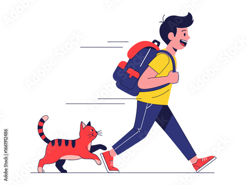 Adventure Bound: A cheerful youth strides forward, a vibrant feline companion by his side, embarking on an animated journey fueled by curiosity and companionship.