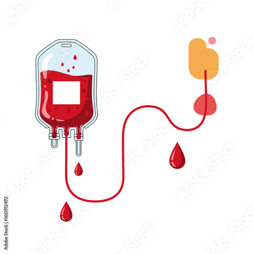 Blood transfusion process illustration showing a medical bag filled with red blood and a tube with drops of blood being administered