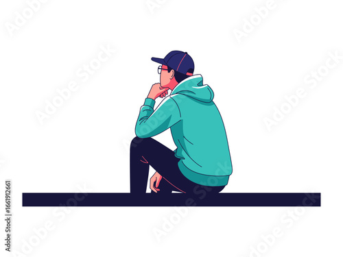 Quiet Contemplation: A person sits alone, deep in thought, leaning on the surface. An artistic illustration portraying peaceful solitude and introspective contemplation.