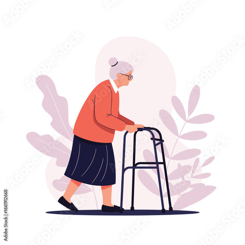 Elderly woman using a walker for mobility assistance and support during daily life activities