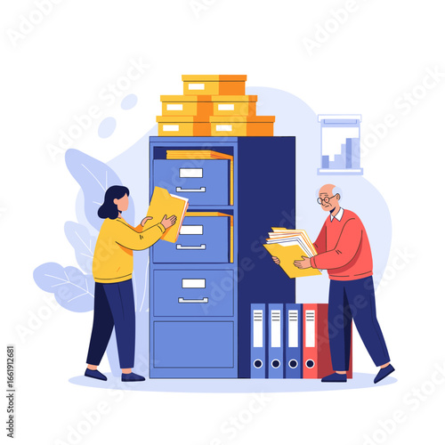 Efficiently organizing business documents with a filing cabinet and personnel handling files for better record keeping