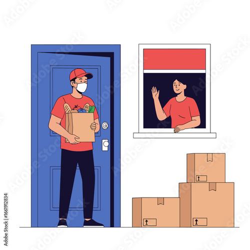 Contactless delivery service dropping off groceries and packages at a residential doorway